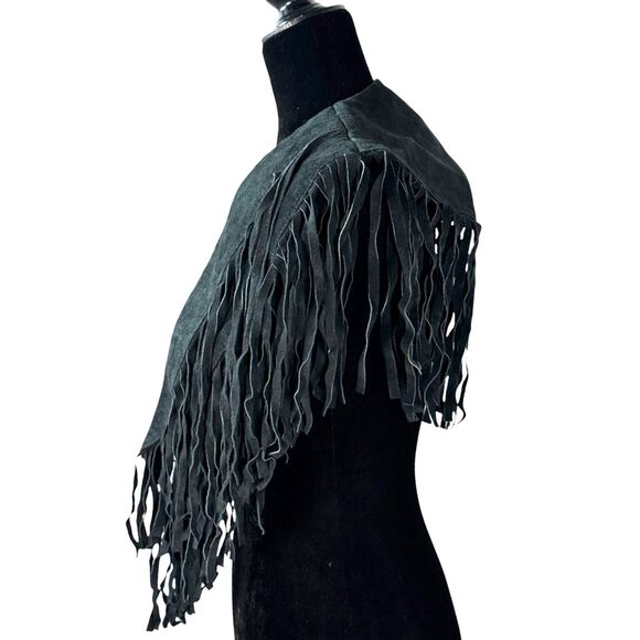 Asos Suede Leather Fringe Shawl Topper Black One Size - Picture 2 of 4